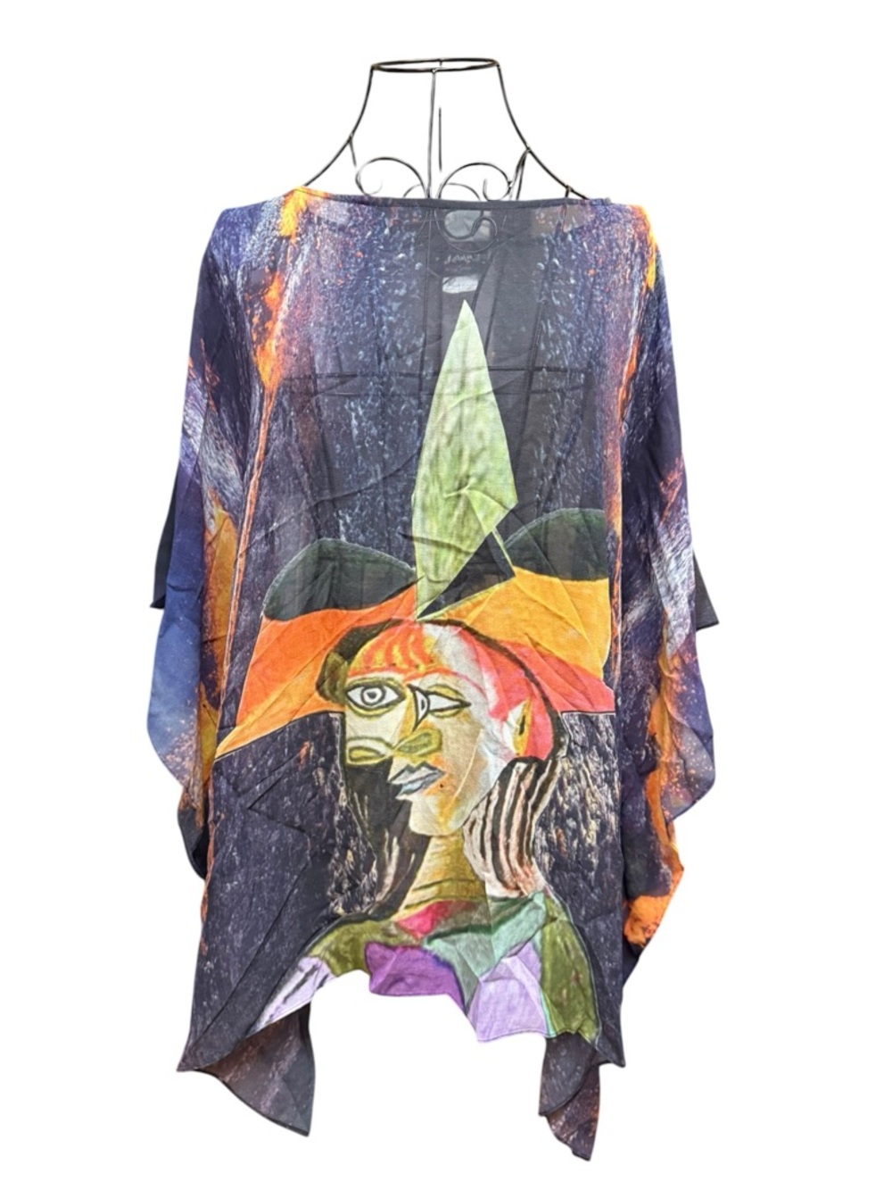 Dilemma Artistic Abstract Face Print Sheer 100% Silk Blouse